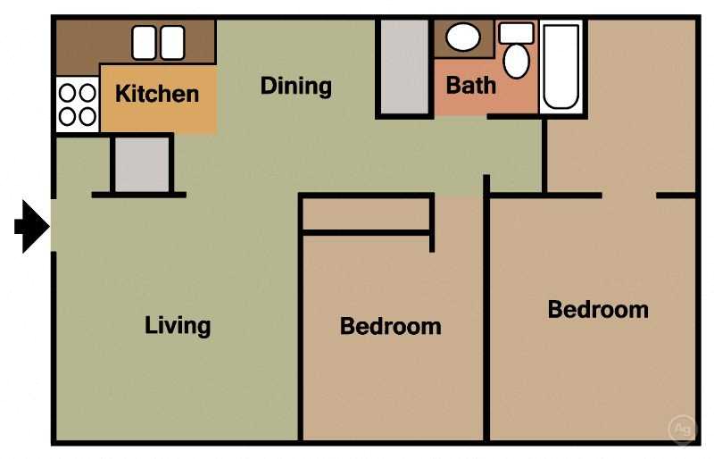 Floor plan for 2 beds, 1 bath, 800 sqft